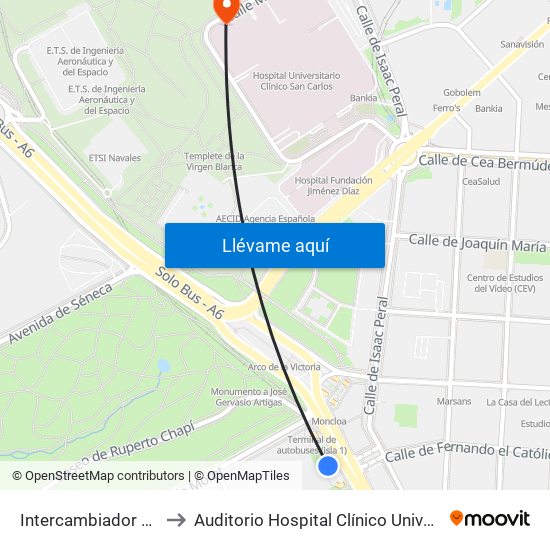 Intercambiador De Moncloa to Auditorio Hospital Clínico Universitario San Carlos map