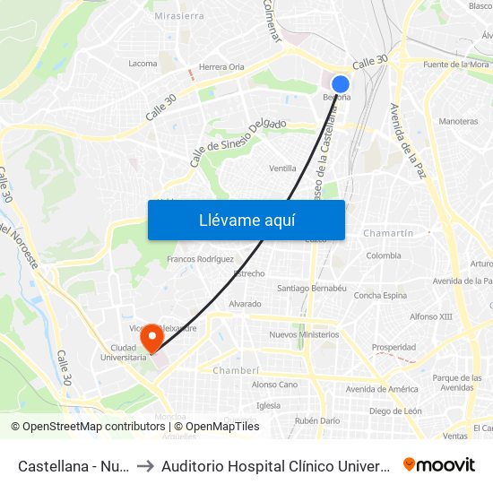 Castellana - Nudo Norte to Auditorio Hospital Clínico Universitario San Carlos map