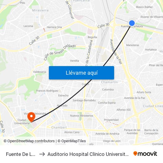 Fuente De La Mora to Auditorio Hospital Clínico Universitario San Carlos map