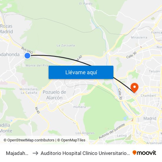 Majadahonda to Auditorio Hospital Clínico Universitario San Carlos map