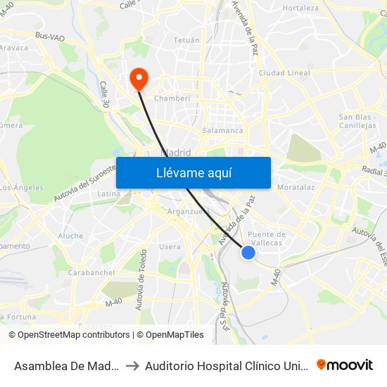 Asamblea De Madrid - Entrevías to Auditorio Hospital Clínico Universitario San Carlos map