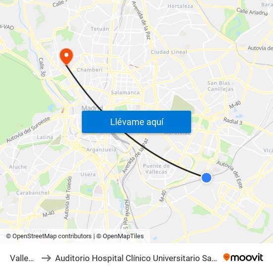 Vallecas to Auditorio Hospital Clínico Universitario San Carlos map