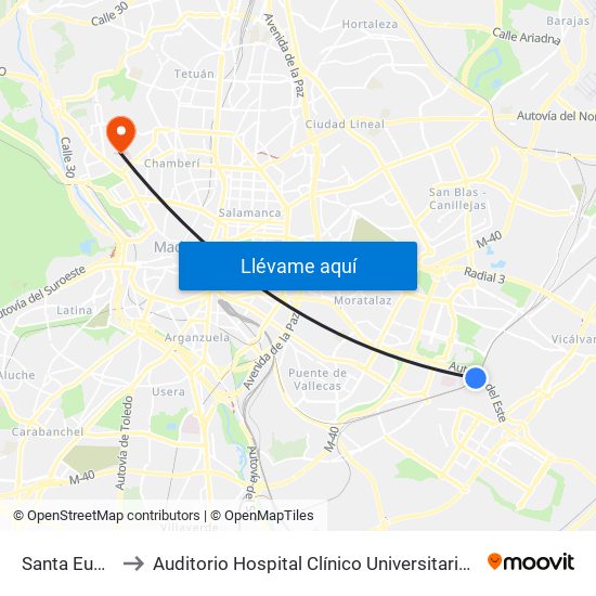 Santa Eugenia to Auditorio Hospital Clínico Universitario San Carlos map