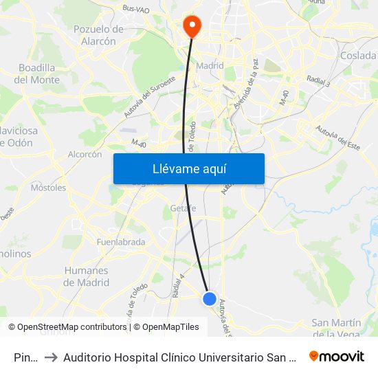Pinto to Auditorio Hospital Clínico Universitario San Carlos map