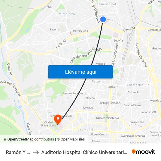 Ramón Y Cajal to Auditorio Hospital Clínico Universitario San Carlos map