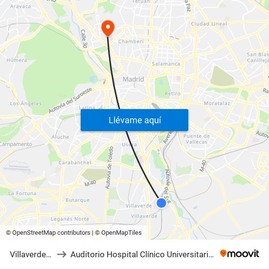 Villaverde Bajo to Auditorio Hospital Clínico Universitario San Carlos map