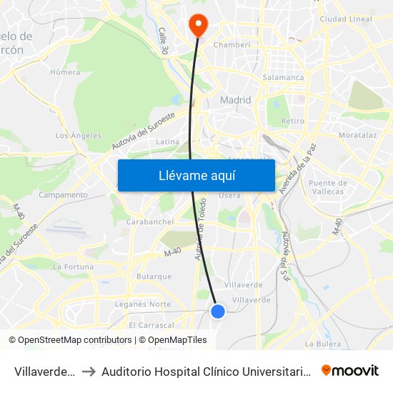 Villaverde Alto to Auditorio Hospital Clínico Universitario San Carlos map