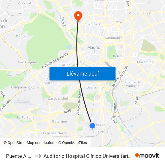 Puente Alcocer to Auditorio Hospital Clínico Universitario San Carlos map