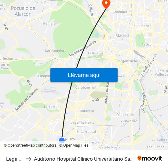 Leganés to Auditorio Hospital Clínico Universitario San Carlos map