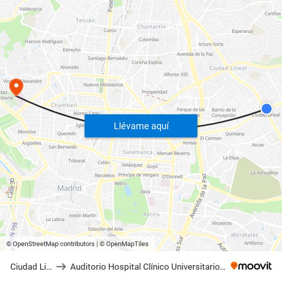 Ciudad Lineal to Auditorio Hospital Clínico Universitario San Carlos map