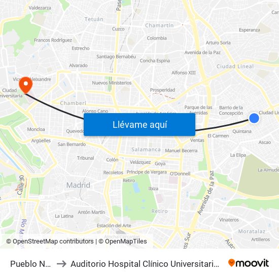 Pueblo Nuevo to Auditorio Hospital Clínico Universitario San Carlos map