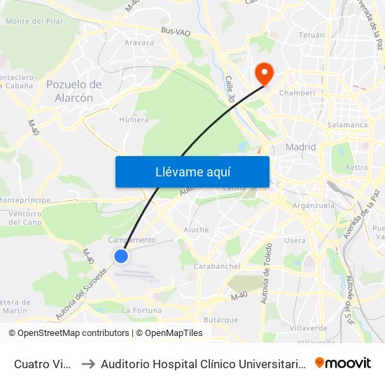 Cuatro Vientos to Auditorio Hospital Clínico Universitario San Carlos map