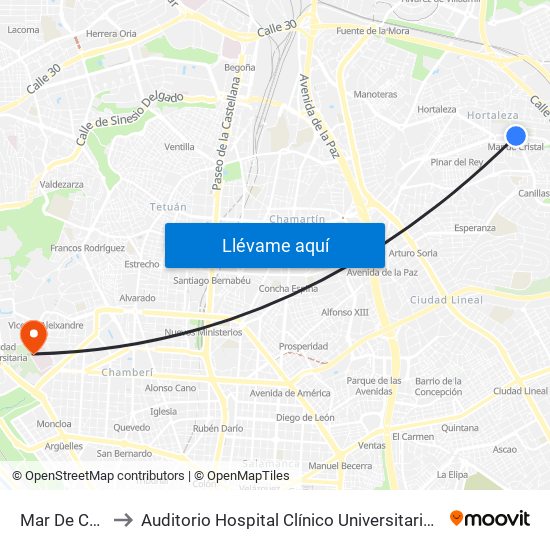 Mar De Cristal to Auditorio Hospital Clínico Universitario San Carlos map