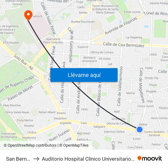 San Bernardo to Auditorio Hospital Clínico Universitario San Carlos map