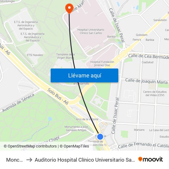 Moncloa to Auditorio Hospital Clínico Universitario San Carlos map