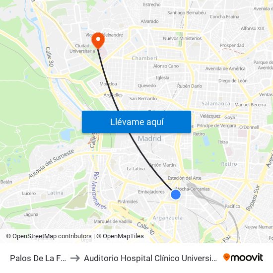 Palos De La Frontera to Auditorio Hospital Clínico Universitario San Carlos map