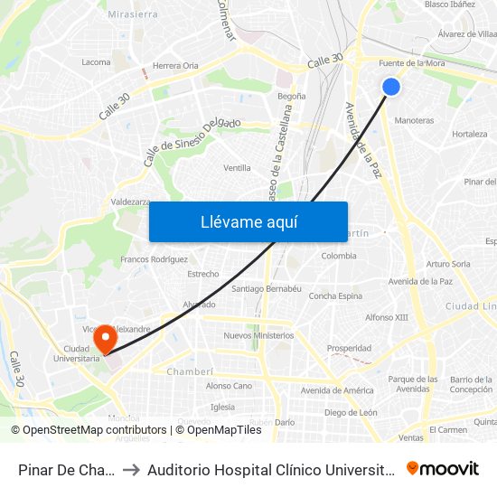 Pinar De Chamartín to Auditorio Hospital Clínico Universitario San Carlos map