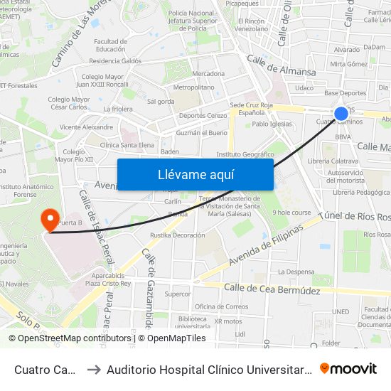 Cuatro Caminos to Auditorio Hospital Clínico Universitario San Carlos map