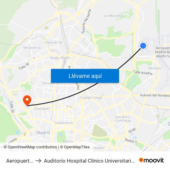Aeropuerto T4 to Auditorio Hospital Clínico Universitario San Carlos map