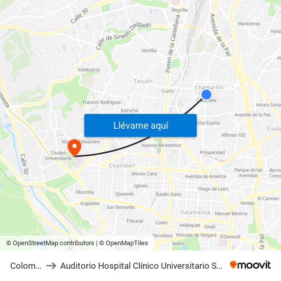 Colombia to Auditorio Hospital Clínico Universitario San Carlos map