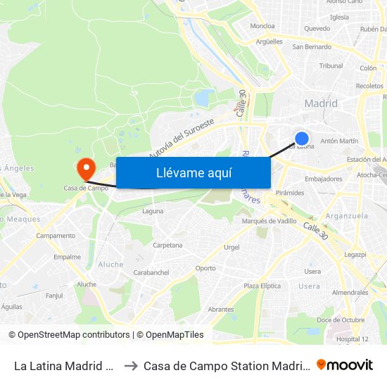 La Latina Madrid Metro to Casa de Campo Station Madrid Spain map