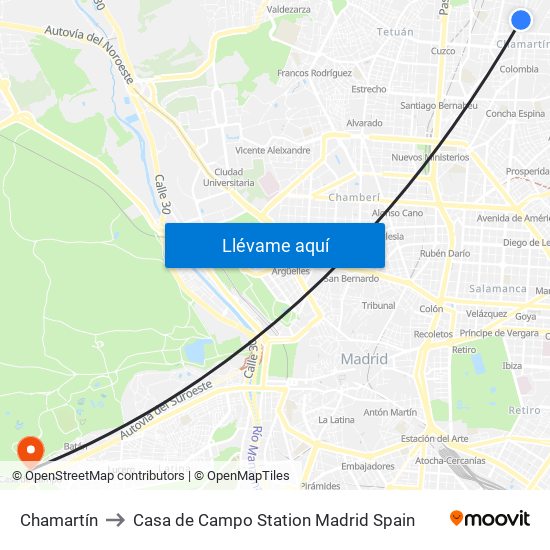 Chamartín to Casa de Campo Station Madrid Spain map