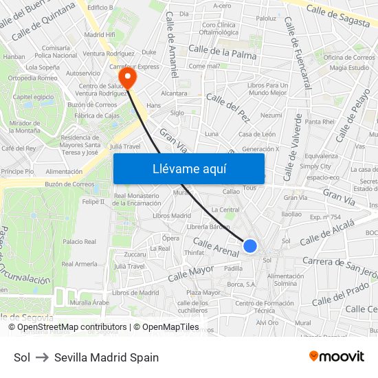 Sol to Sevilla Madrid Spain map