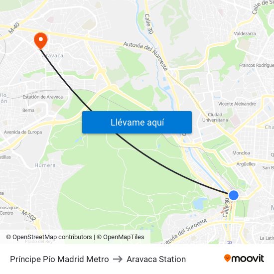Príncipe Pío Madrid Metro to Aravaca Station map