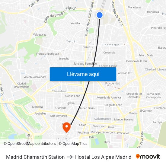 Madrid Chamartín Station to Hostal Los Alpes Madrid map