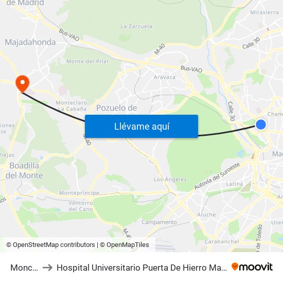 Moncloa to Hospital Universitario Puerta De Hierro Majadahonda map