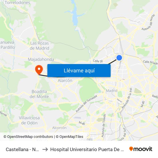 Castellana - Nudo Norte to Hospital Universitario Puerta De Hierro Majadahonda map