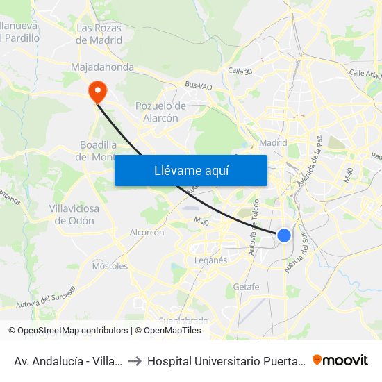 Av. Andalucía - Villaverde Bajo Cruce to Hospital Universitario Puerta De Hierro Majadahonda map