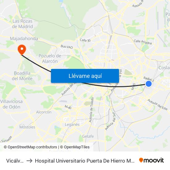 Vicálvaro to Hospital Universitario Puerta De Hierro Majadahonda map