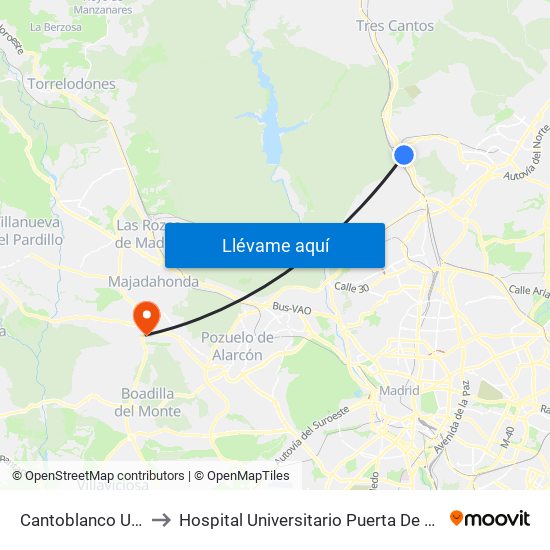 Cantoblanco Universidad to Hospital Universitario Puerta De Hierro Majadahonda map