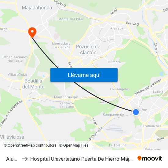 Aluche to Hospital Universitario Puerta De Hierro Majadahonda map
