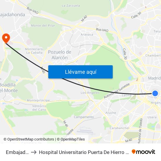 Embajadores to Hospital Universitario Puerta De Hierro Majadahonda map