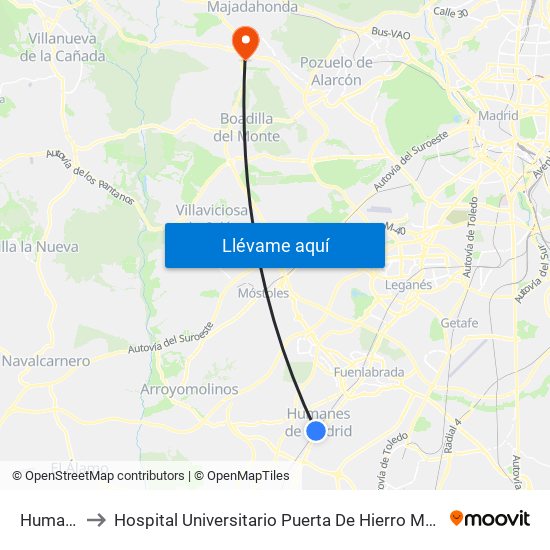 Humanes to Hospital Universitario Puerta De Hierro Majadahonda map