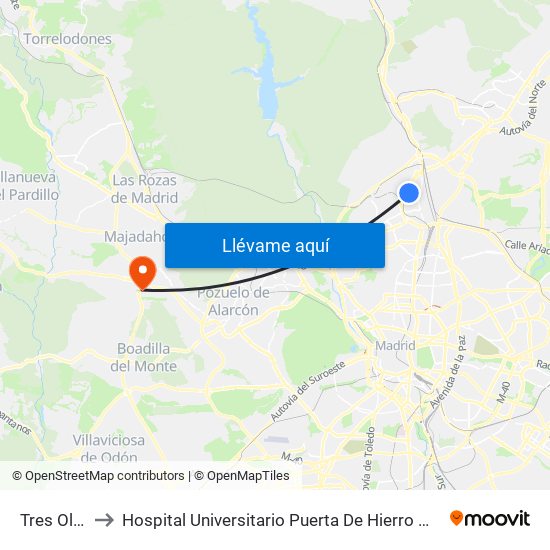 Tres Olivos to Hospital Universitario Puerta De Hierro Majadahonda map