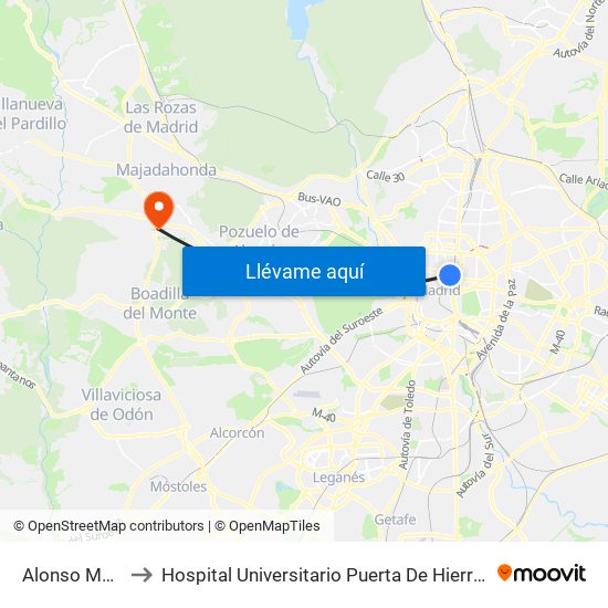 Alonso Martínez to Hospital Universitario Puerta De Hierro Majadahonda map