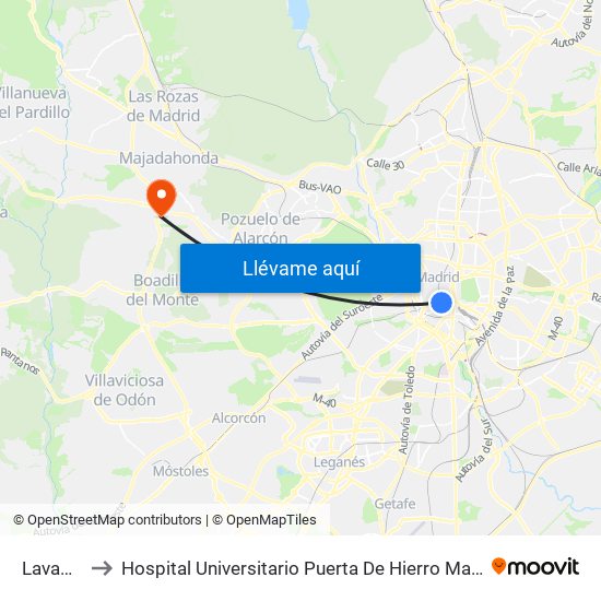 Lavapiés to Hospital Universitario Puerta De Hierro Majadahonda map