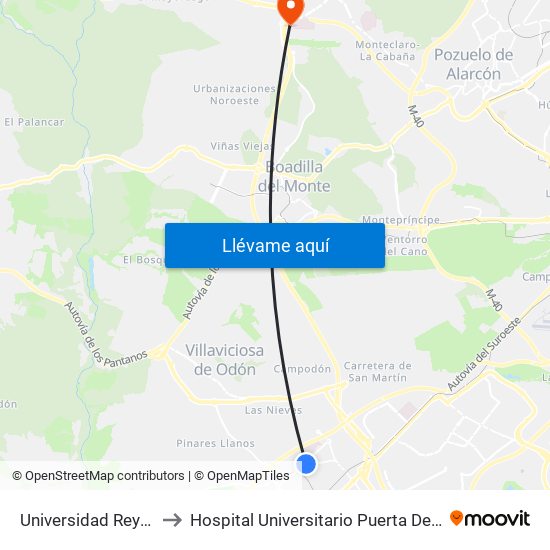 Universidad Rey Juan Carlos to Hospital Universitario Puerta De Hierro Majadahonda map