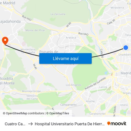 Cuatro Caminos to Hospital Universitario Puerta De Hierro Majadahonda map