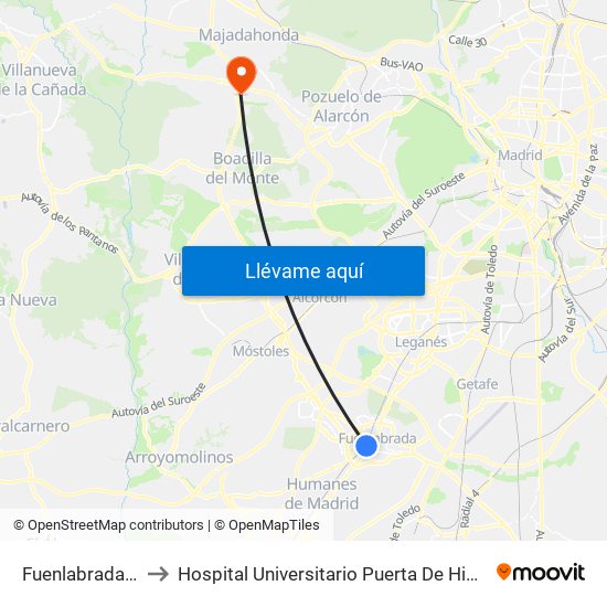 Fuenlabrada Central to Hospital Universitario Puerta De Hierro Majadahonda map