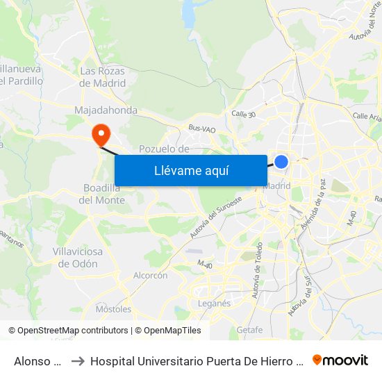 Alonso Cano to Hospital Universitario Puerta De Hierro Majadahonda map