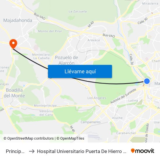 Príncipe Pío to Hospital Universitario Puerta De Hierro Majadahonda map