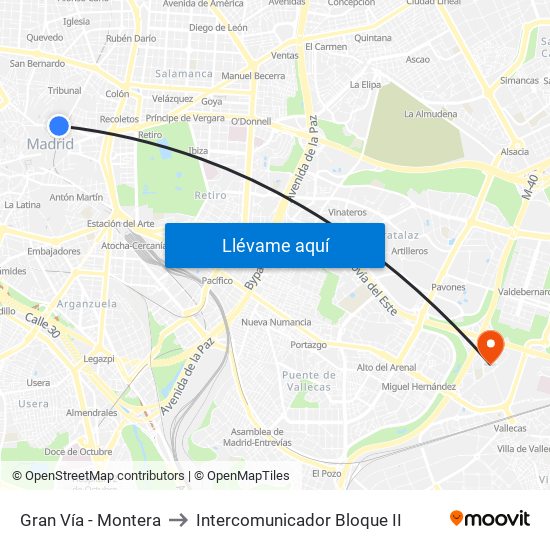 Gran Vía - Montera to Intercomunicador Bloque II map