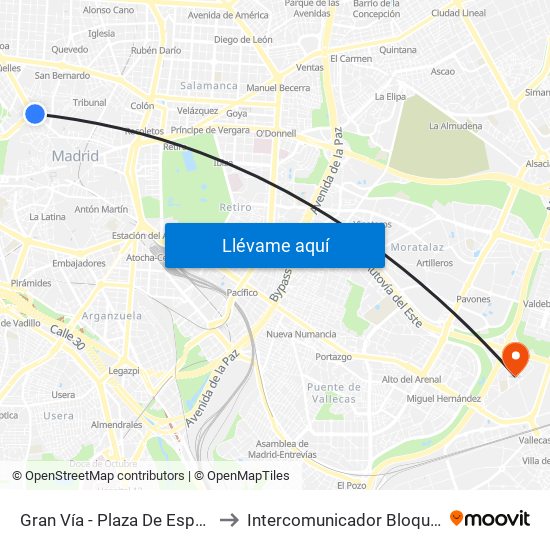 Gran Vía - Plaza De España to Intercomunicador Bloque II map