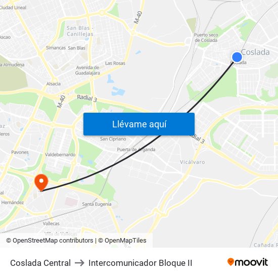 Coslada Central to Intercomunicador Bloque II map