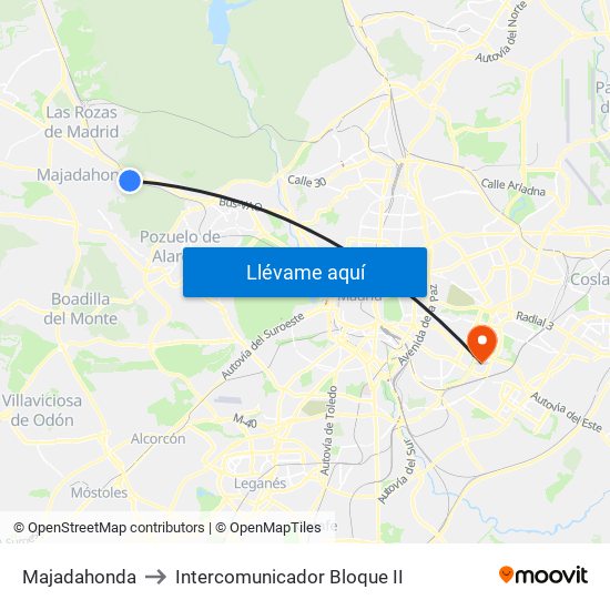 Majadahonda to Intercomunicador Bloque II map