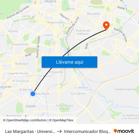 Las Margaritas - Universidad to Intercomunicador Bloque II map
